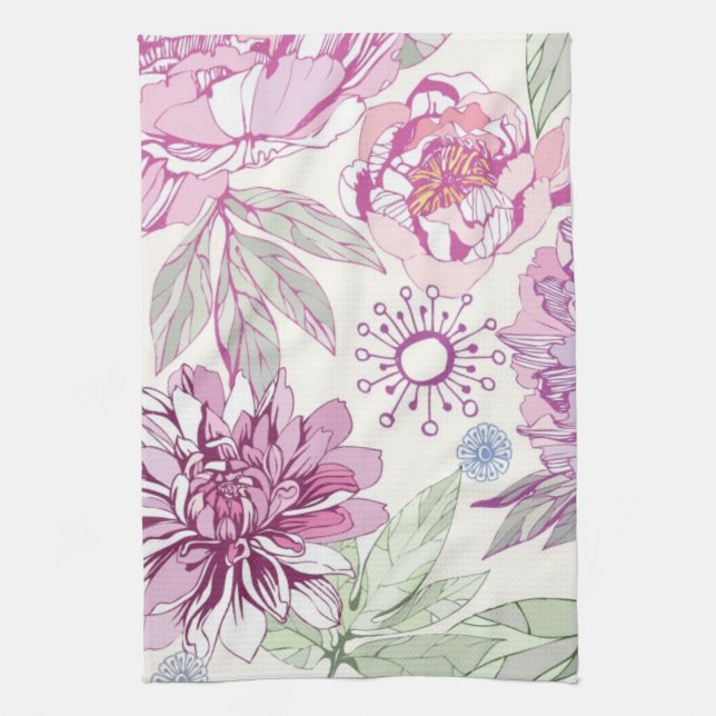 Pattern with pink flowers tea towel (Vertical)