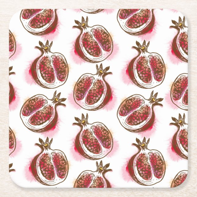 Pattern with pomegranate square paper coaster (Front)