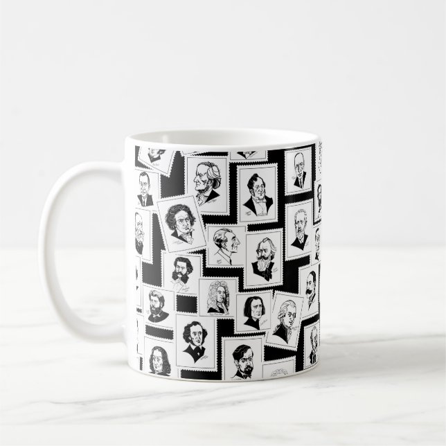 Pattern with portraits of the greatest composers coffee mug (Left)