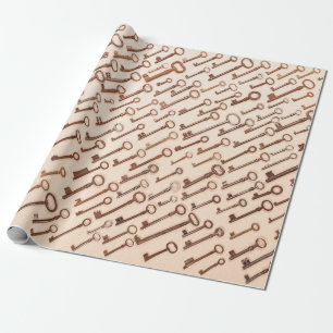 Pattern with real vintage victorian keys on kraft  wrapping paper