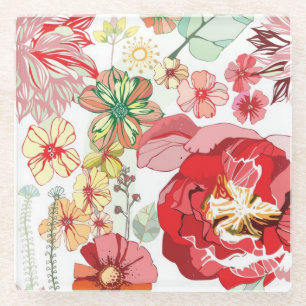 Pattern with red flowers glass coaster
