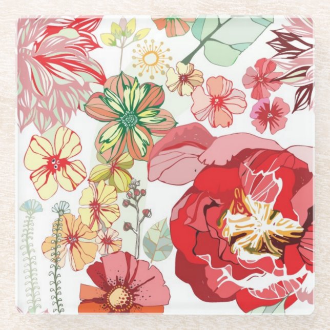Pattern with red flowers glass coaster (Front)