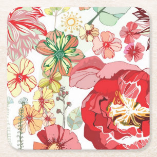Pattern with red flowers square paper coaster