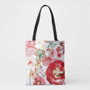 Pattern with red flowers tote bag