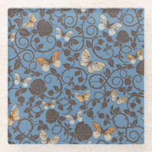 pattern with roses and butterfly glass coaster