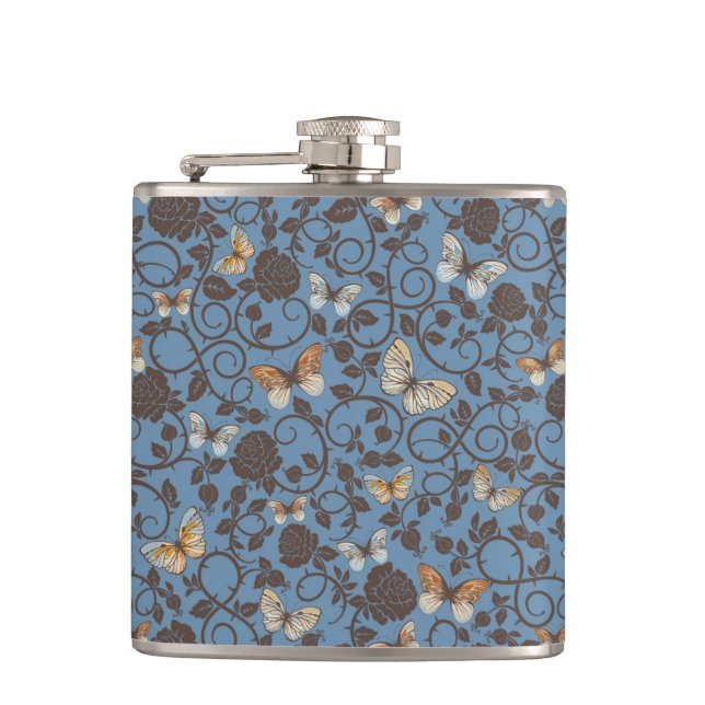 pattern with roses and butterfly hip flask (Front)