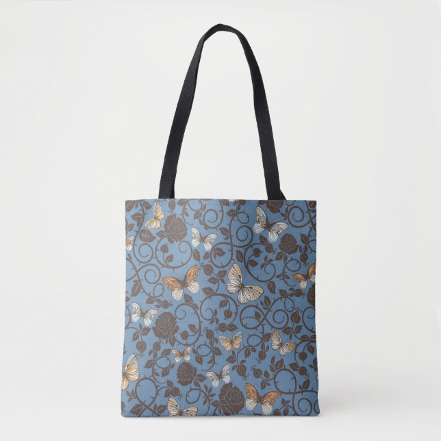 pattern with roses and butterfly tote bag (Front)