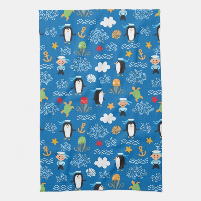 pattern with sea theme tea towel (Vertical)