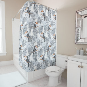 Pattern with toucan and grey palm leaves shower curtain