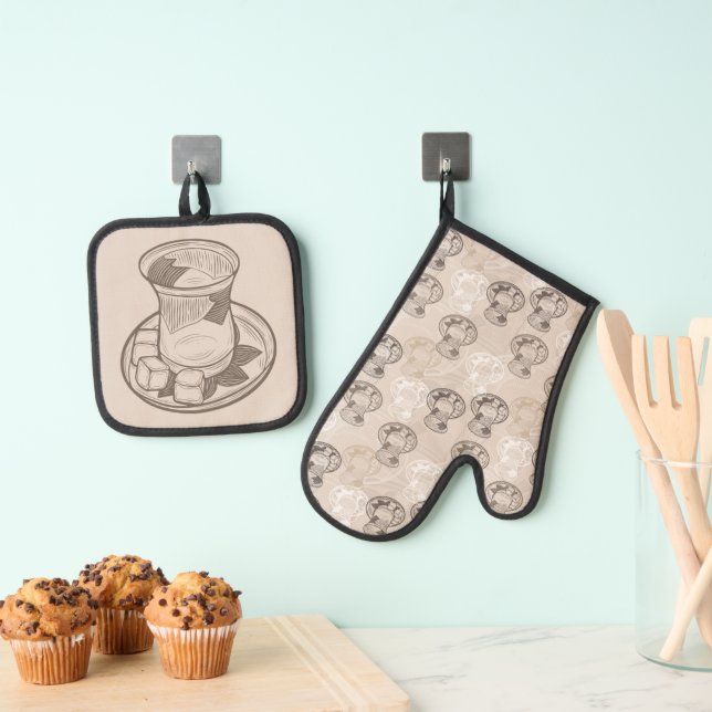 Pattern with turkish tea cup saucer sugar cubes oven mitt & pot holder set (Insitu(Hanging))