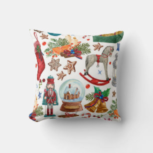 Pattern with Vintage Christmas ornaments, toy and Cushion