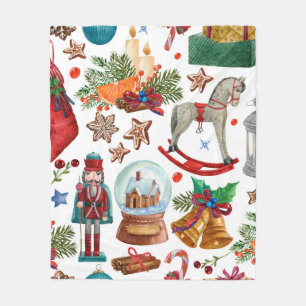 Pattern with Vintage Christmas ornaments, toy and Fleece Blanket