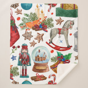 Pattern with Vintage Christmas ornaments, toy and Sherpa Blanket