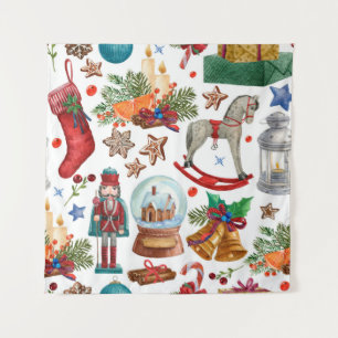 Pattern with Vintage Christmas ornaments, toy and  Tapestry