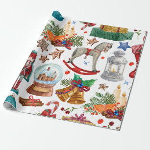 Pattern with Vintage Christmas ornaments, toy and  Wrapping Paper