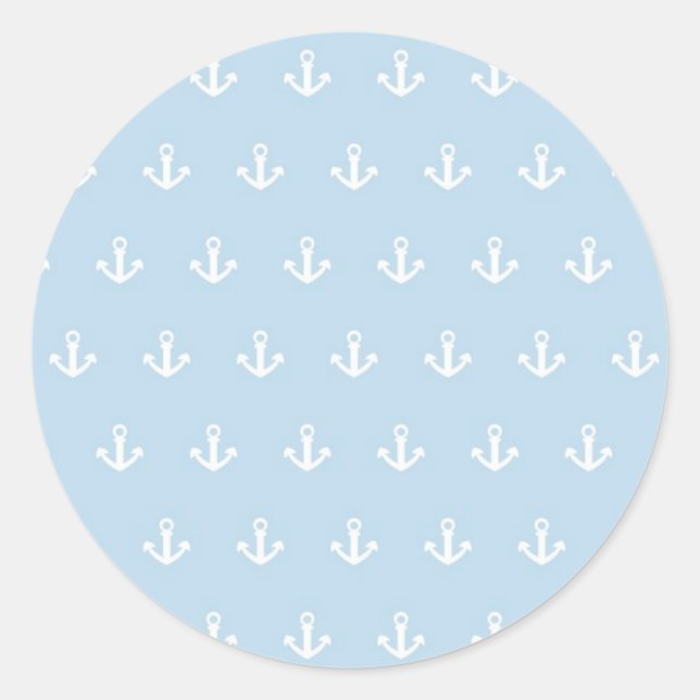 Pattern with white anchors on blue classic round sticker (Front)