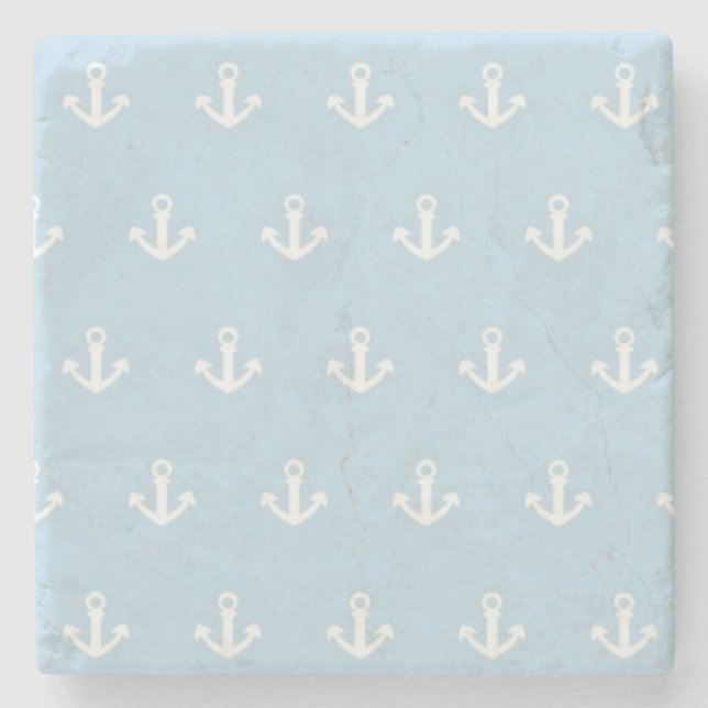 Pattern with white anchors on blue stone coaster (Front)