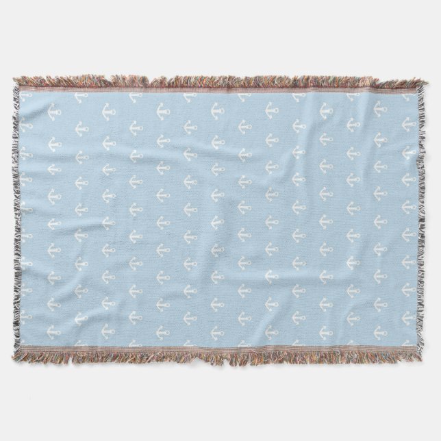 Pattern with white anchors on blue throw blanket (Front)