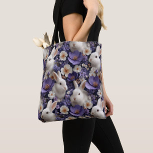 Pattern with White Rabbits and Purple Flowers Tote Bag