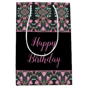 Patterned Black Gift Bag With Teal and Pink Accent