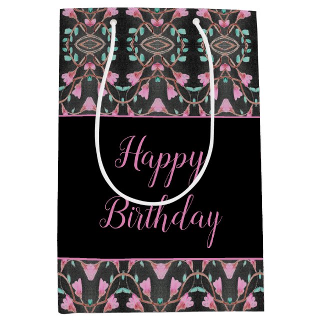 Patterned Black Gift Bag With Teal and Pink Accent (Front)