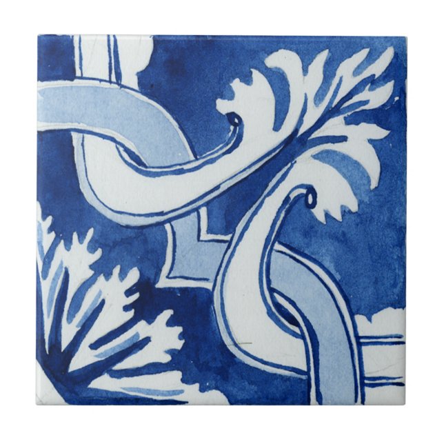 Patterned Blue & White Mediterranean Watercolor Tile (Front)