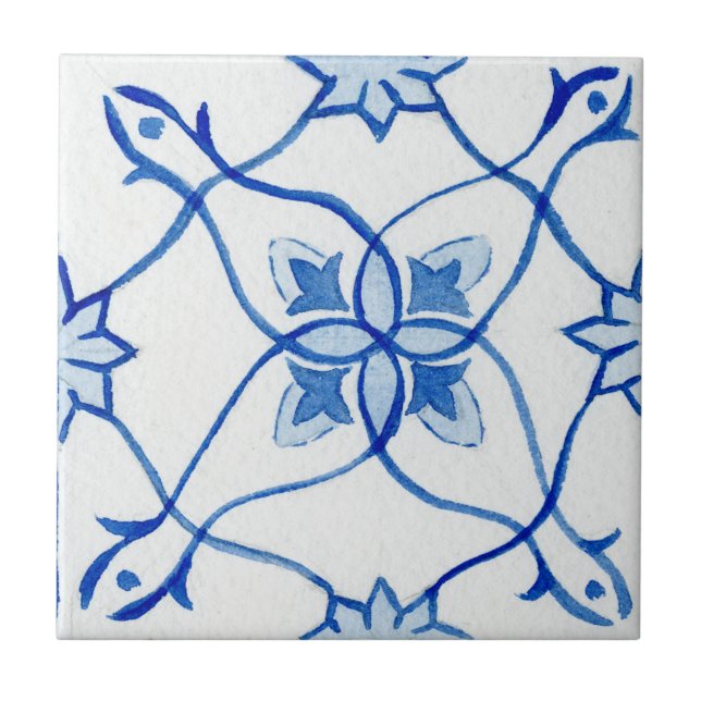 Patterned Blue & White Mediterranean Watercolor Tile (Front)