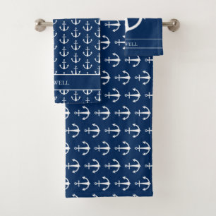 Patterned Blue White Name Anchors Bath Towel Set