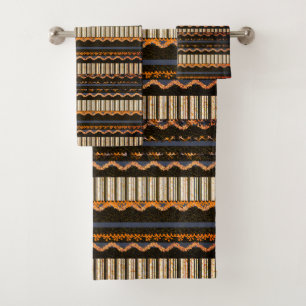 Patterned Brown, Blue, Orange  Bath Towel Set