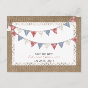 Patterned Bunting Burlap Inspired Save The Date Announcement Postcard