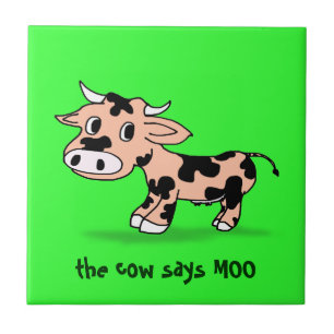 Patterned Cartoon Cow on Green with Moo Tile