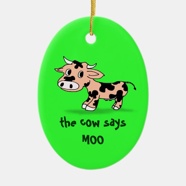 Patterned Cartoon Moo Cow on Green Ceramic Tree Decoration (Front)