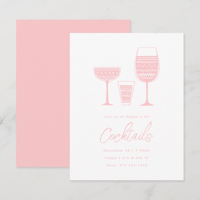 Patterned Cocktails Pink Cocktail Party Invitation (Front/Back)