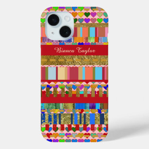patterned . colourful stripes & hearts iPhone 15 case