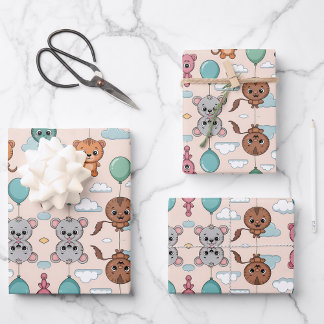 Patterned design featuring colorful cartoon animal wrapping paper sheet