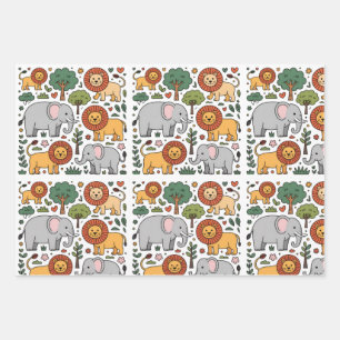Patterned design featuring elephants, lions. wrapping paper sheet