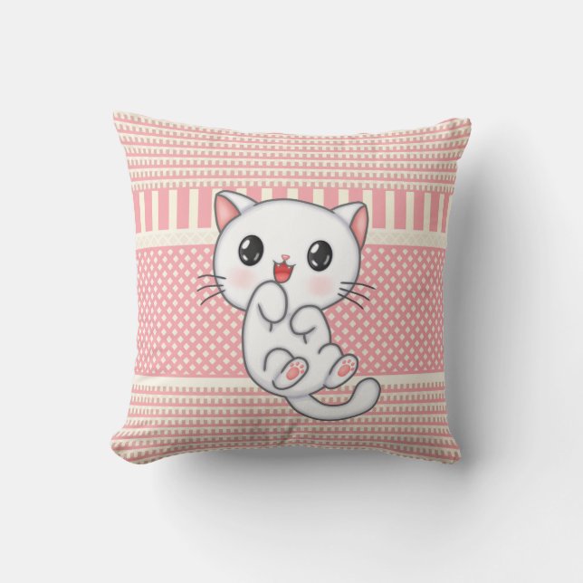 Patterned Dusty Pink with Cute Kitten Character Th Cushion (Front)