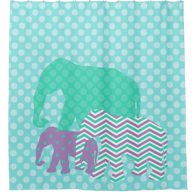 Patterned Elephants on Polka Dots Shower Curtain (Front)