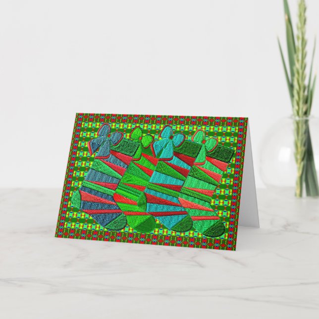 Patterned embroidered Christmas stockings Holiday Card (Front)