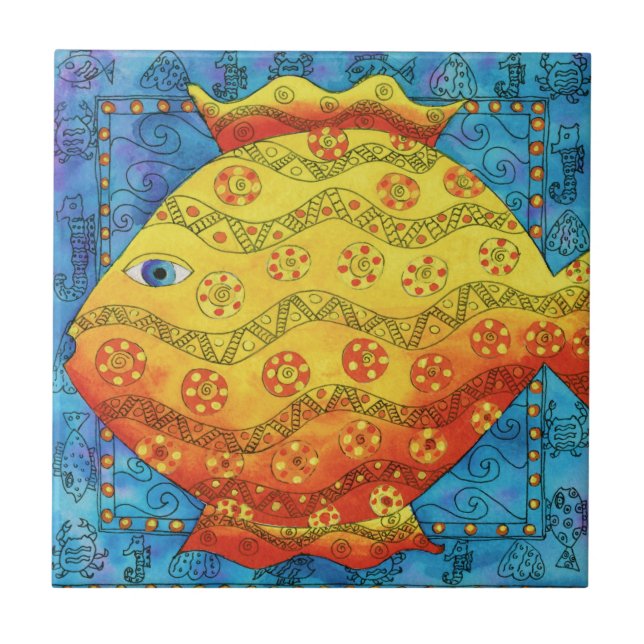 Patterned Fish Watercolour Illustration Tile (Front)