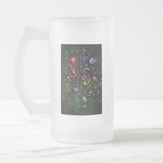 Patterned flowers frosted glass beer mug (Left)