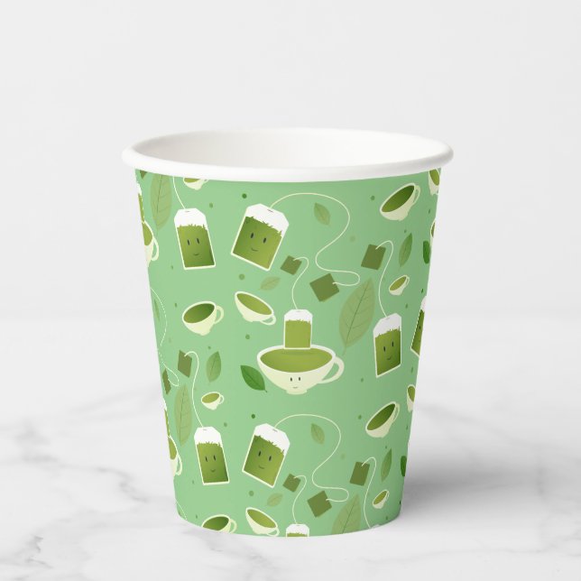 Patterned Green Tea Teacup Bag Leaves Paper Cups (Front)