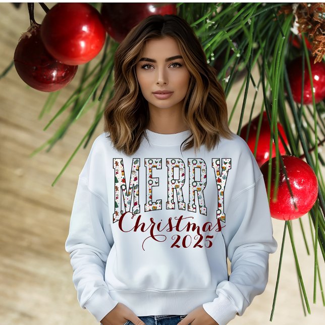 Patterned Merry Script Christmas Sweatshirt (Creator Uploaded)
