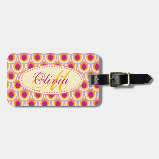 Patterned pink yellow named luggage tag (Front Horizontal)
