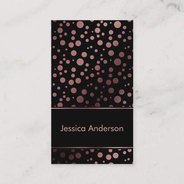 Patterned Rose Gold Confetti Bubbles over Black Business Card (Front)