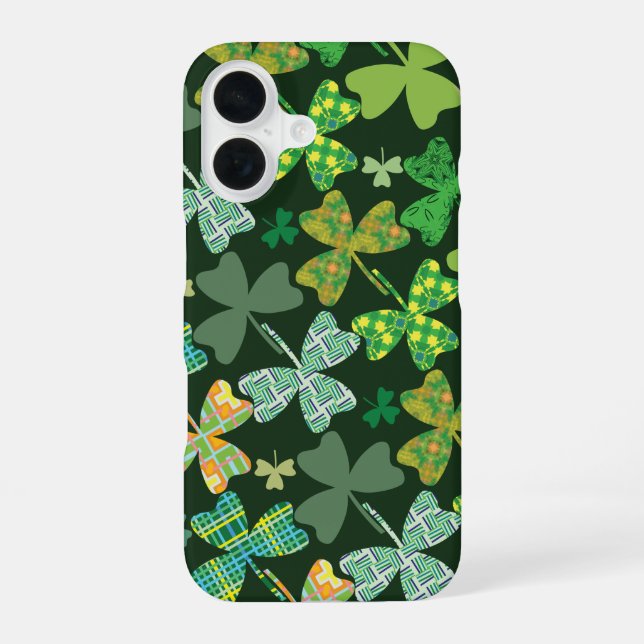 Patterned Shamrocks iPhone 16 Case (Back)