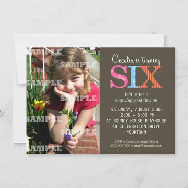 Patterned Six Birthday Party Invitation (Front)