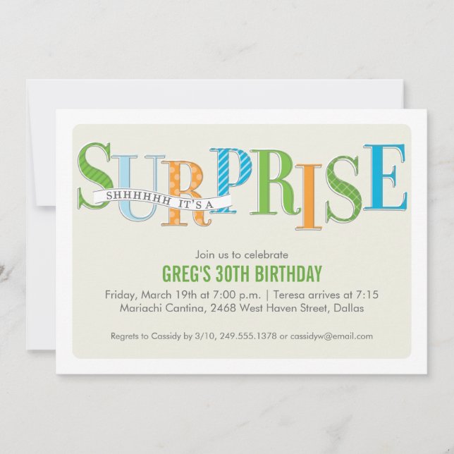 Patterned Surprise Party Invitation in Green (Front)