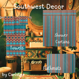 Patterned Teal, Rust, Brown Shower Curtain