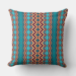 Patterned Teal, Rust, Brown Throw Pillow